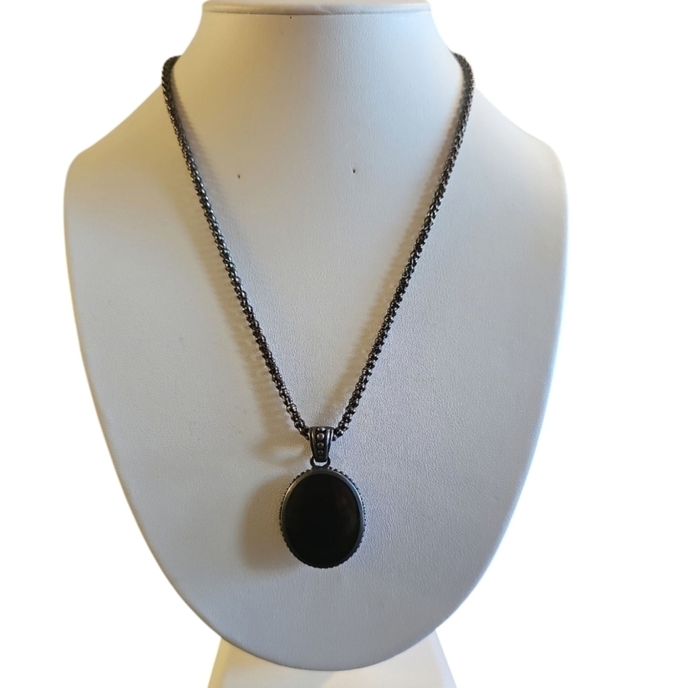 Vintage Sterling Silver Black Onyx Oval Pendant Necklace